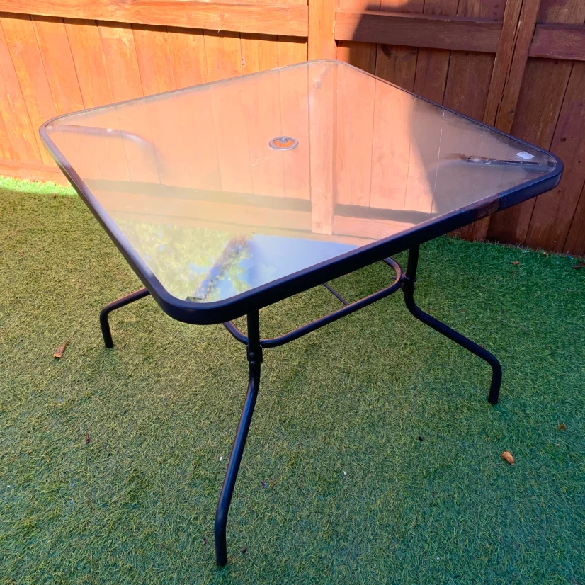 Square Glass Patio Table Outdoor Garden Deck Table Umbrella Hole