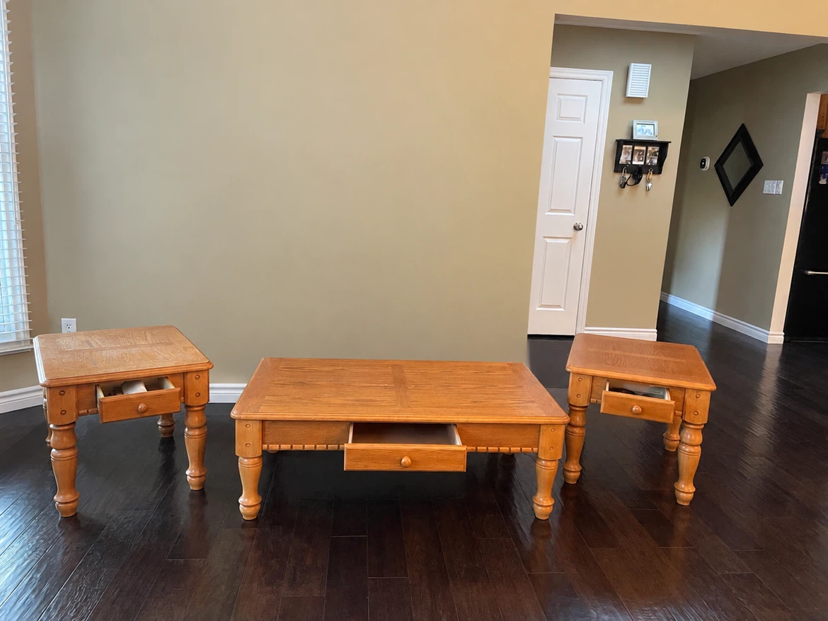 Oak Coffee Table and Two End Tables Set