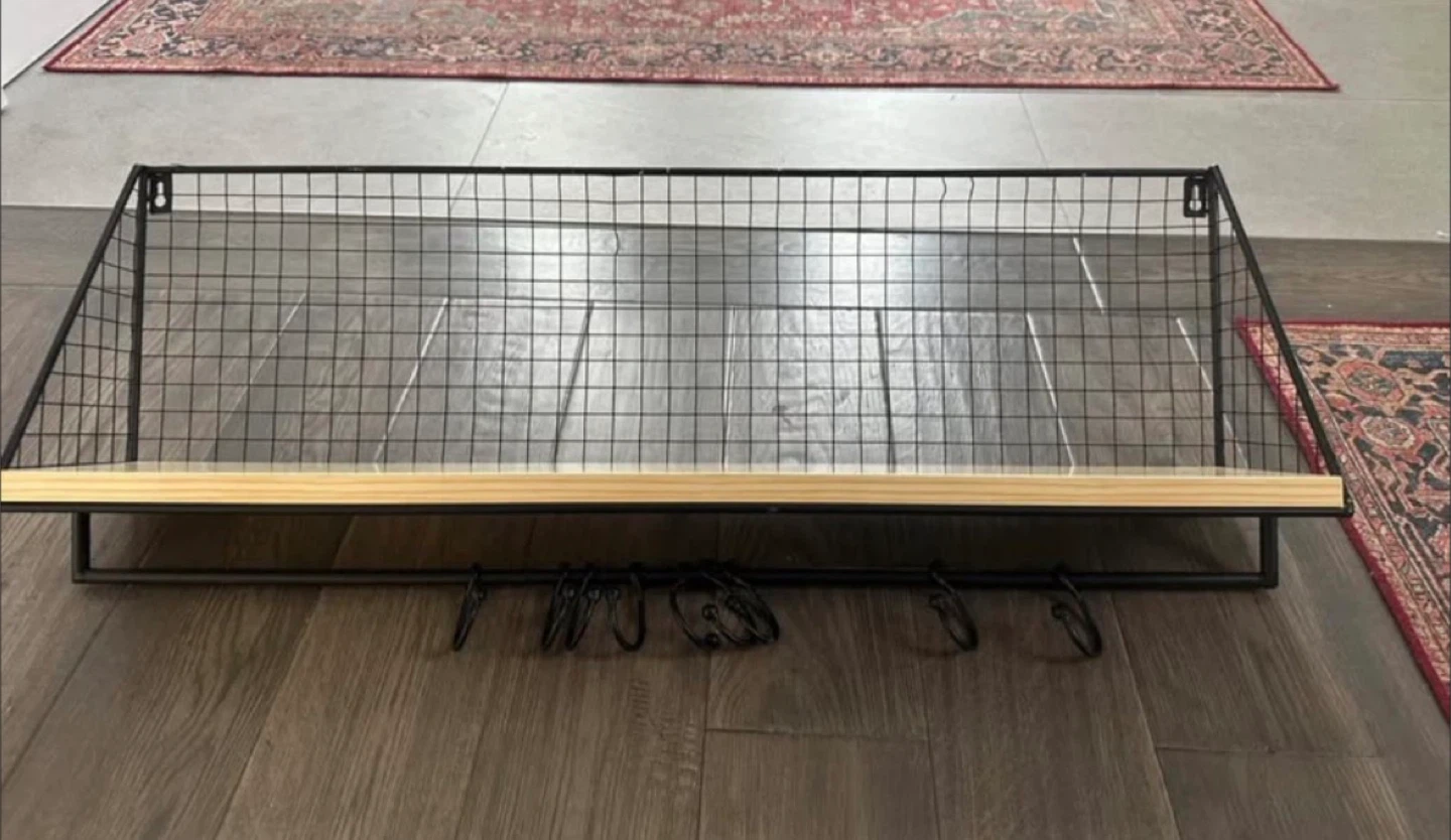 Wall-Mounted Wire and Wood Shelf with Hooks - photo 4