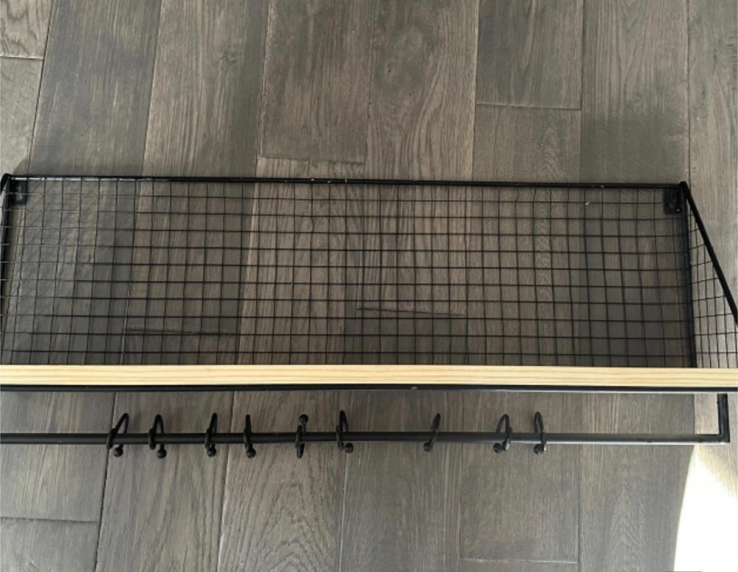 Wall-Mounted Wire and Wood Shelf with Hooks