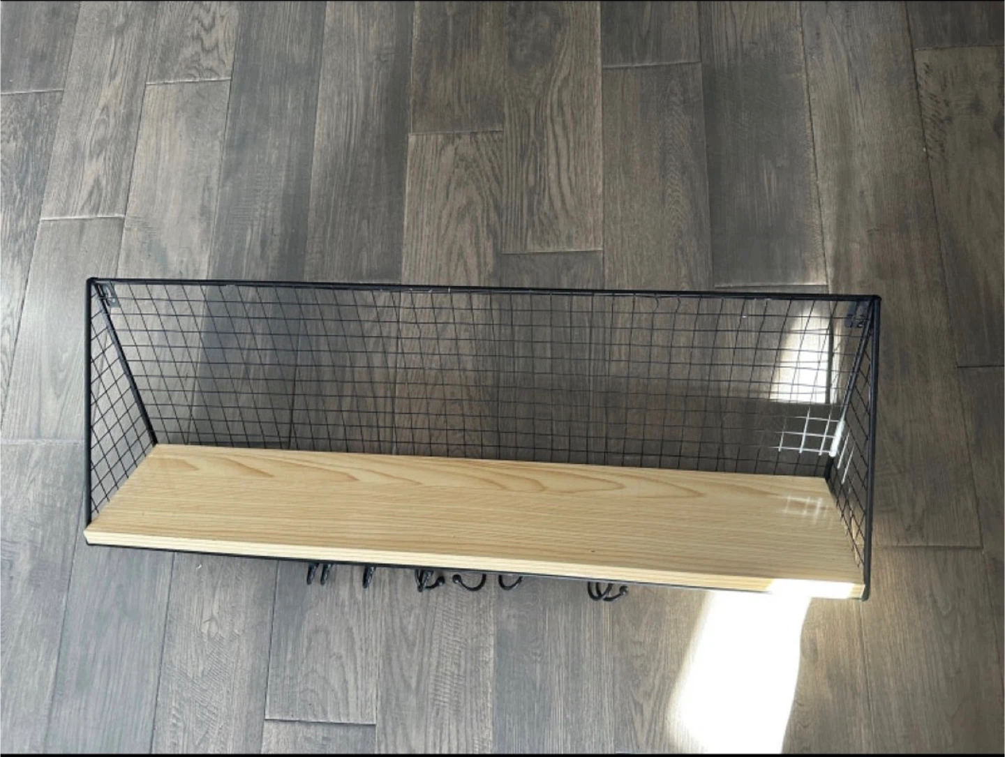 Wall-Mounted Wire and Wood Shelf with Hooks - photo 2