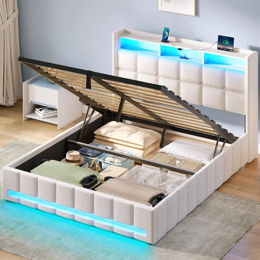 Twin Size Bed Frame with Lift Up Storage, Charging Station