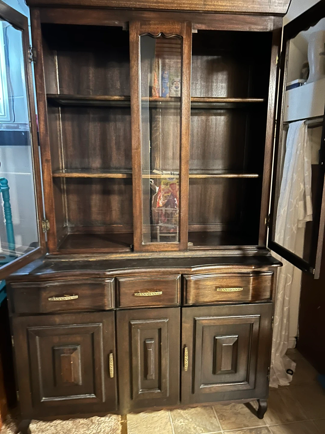 Vintage Dark Wood China Cabinet with Glass Doors