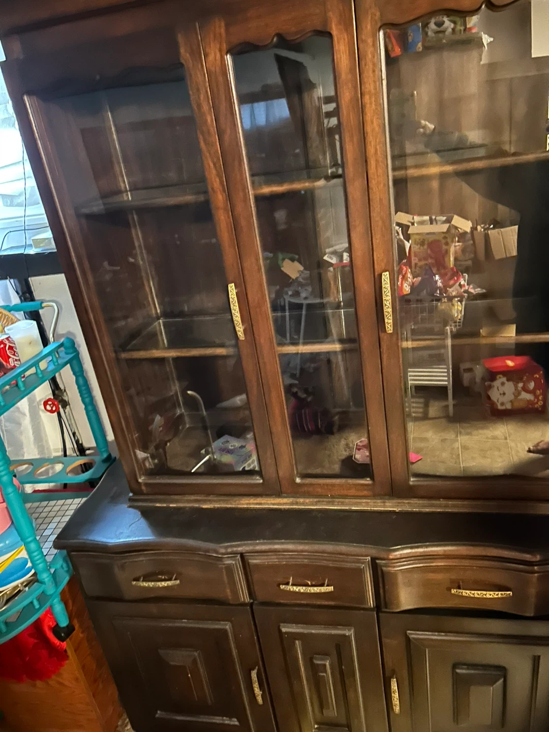 Vintage Dark Wood China Cabinet with Glass Doors - photo 2
