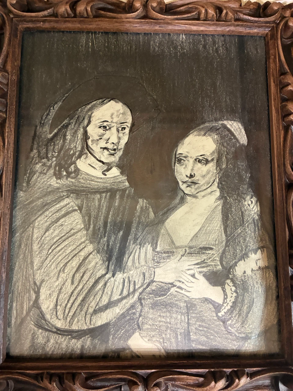Framed Charcoal Drawing of Couple