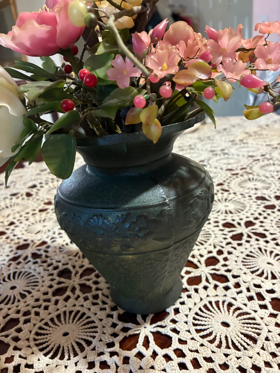 Vintage Cast Iron Vase with Stone Flower Arrangement