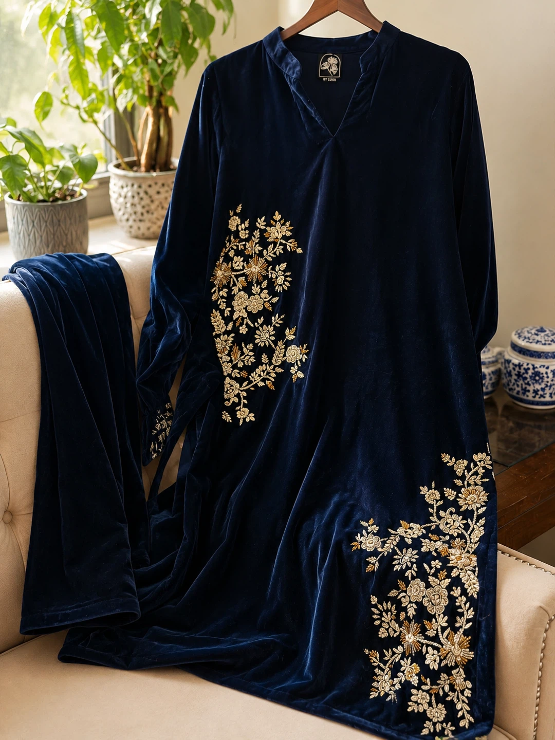 Navy Blue Velvet Embroidered Tunic