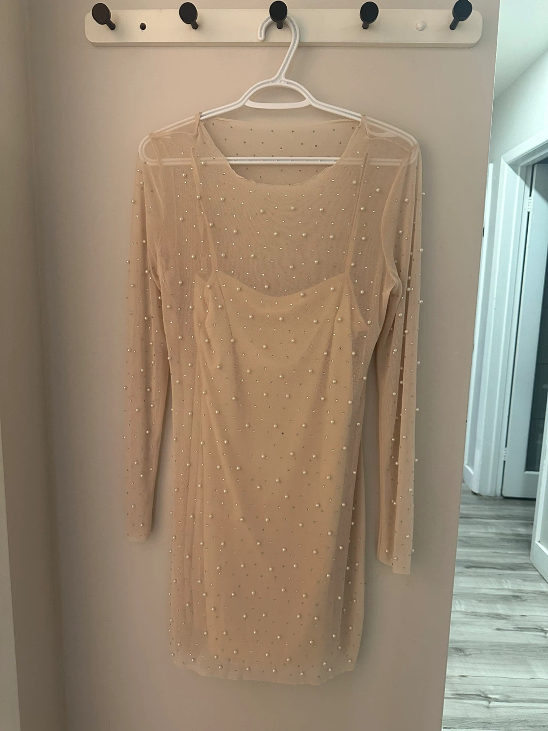 Beige Mesh Pearl Dress