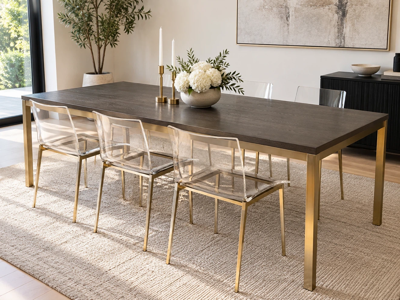 Large ELTE Dining Table – Dark Wood & Brass – Seats 8–10