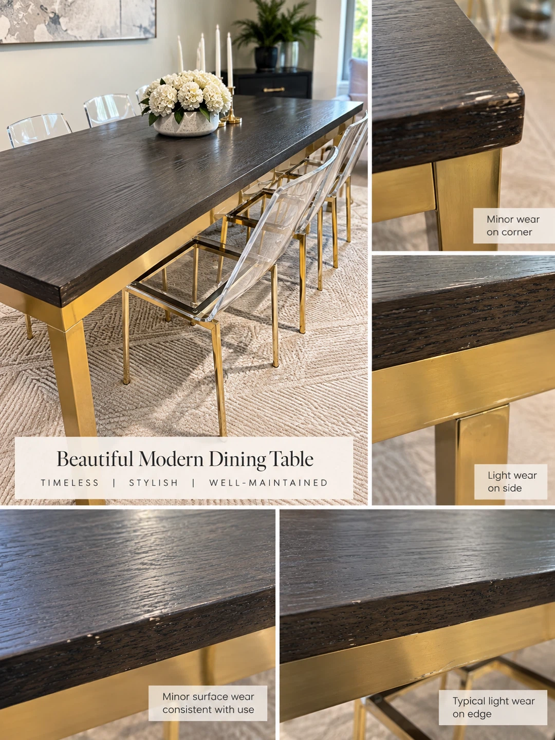 Large ELTE Dining Table – Dark Wood & Brass – Seats 8–10 - photo 2