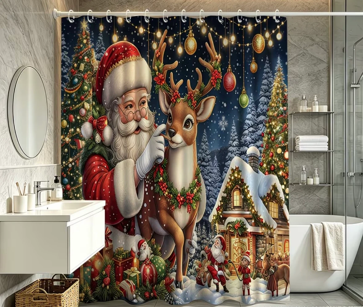Christmas Santa and Reindeer Shower Curtain