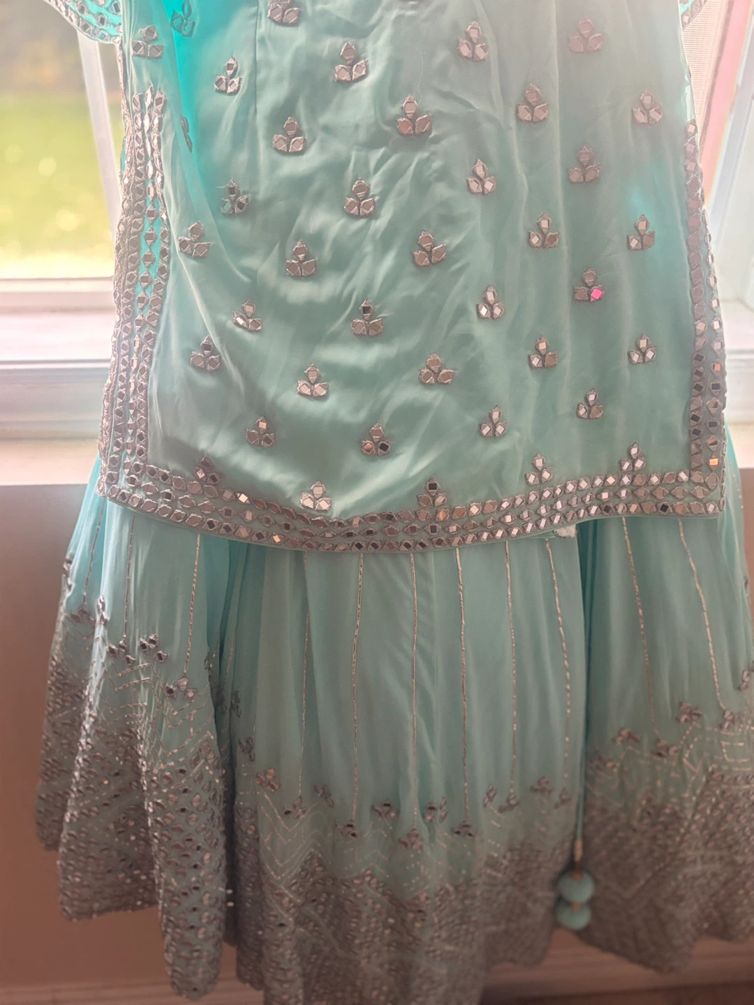 Turquoise Mirror Work Lehenga Set