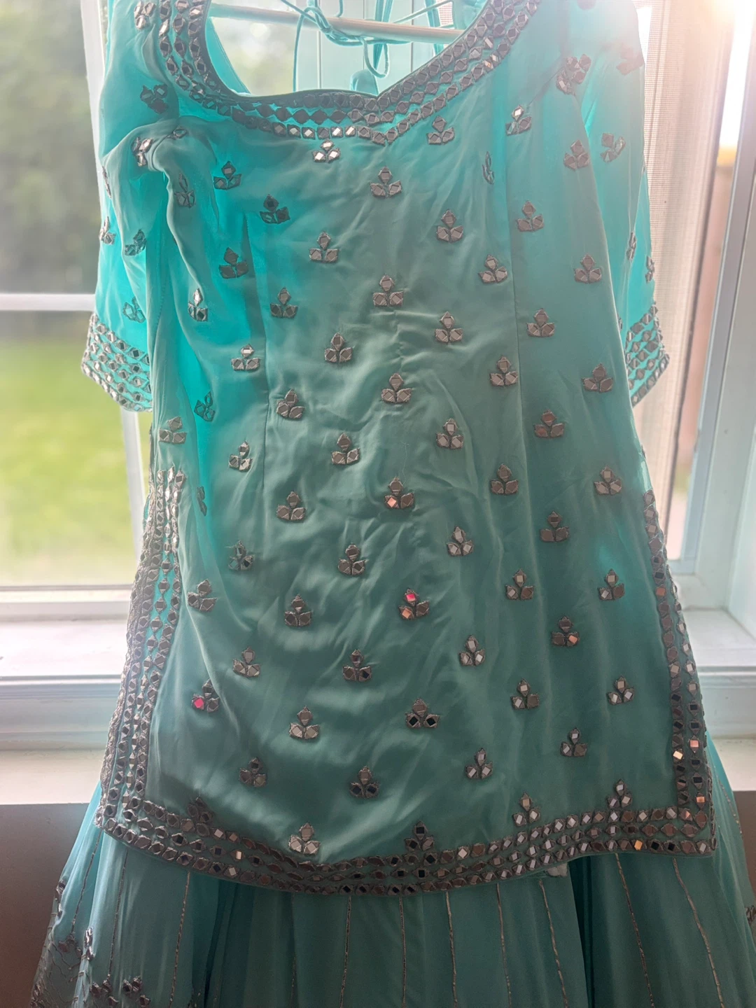 Turquoise Mirror Work Lehenga Set - photo 2
