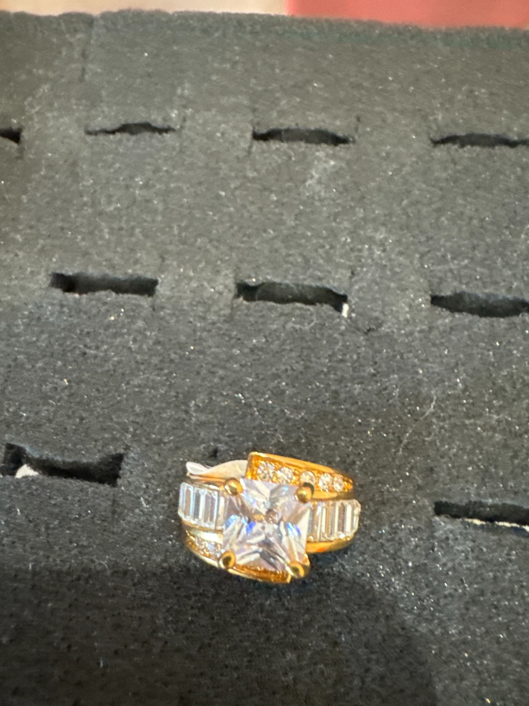 Gold-tone Statement Ring with Baguette and Princess Cuts