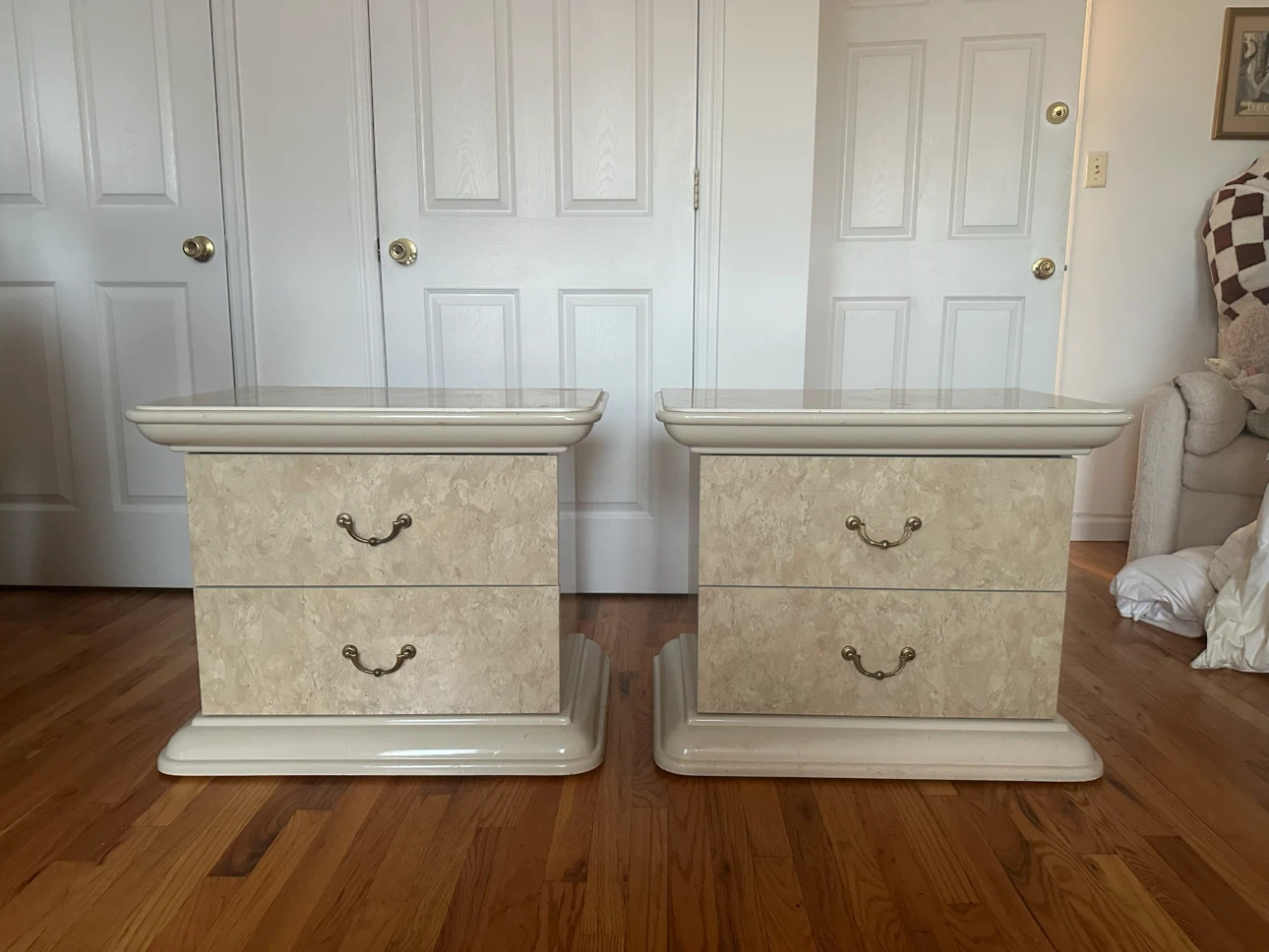 Pair of 2-Drawer Nightstands with Brass Handles