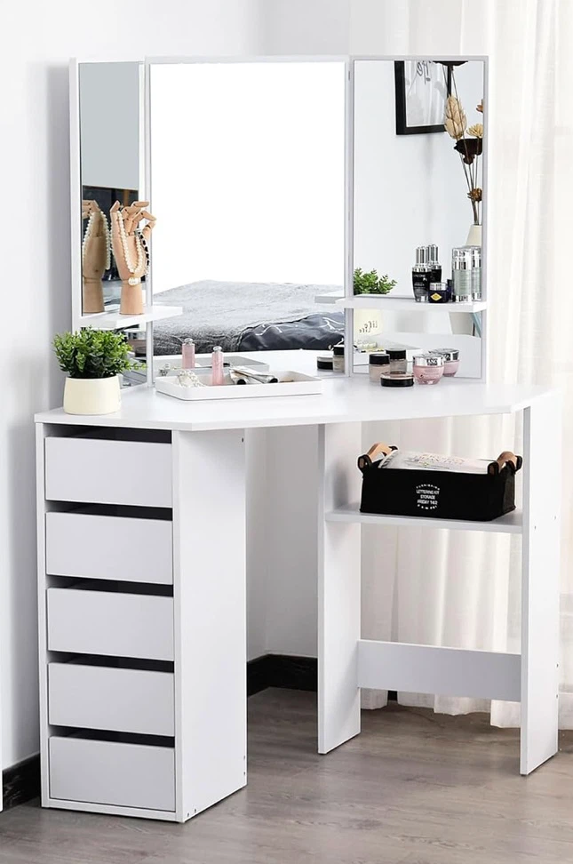 White Corner Vanity Table with Tri-Fold Mirror