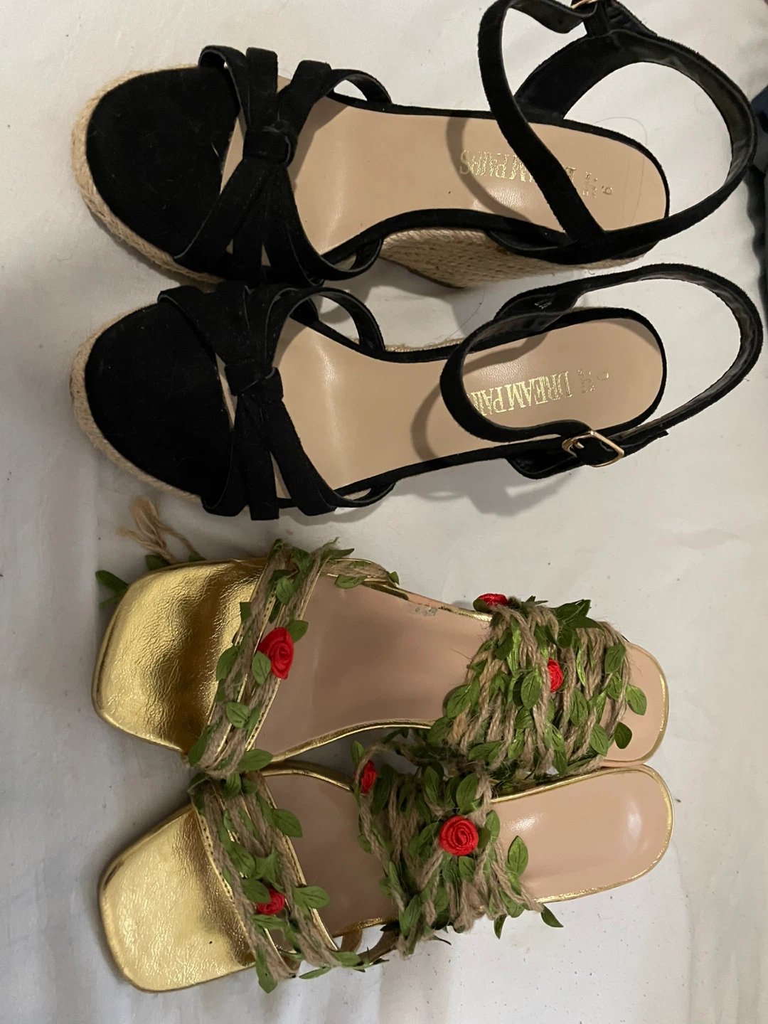 black wedges & gold heel