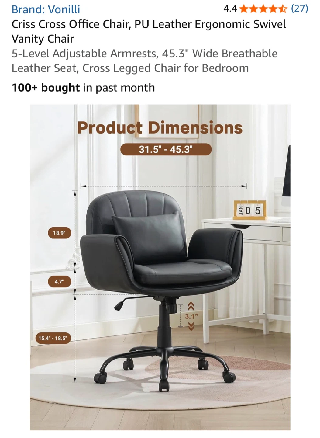 Vonilli Black PU Leather Swivel Office Chair - photo 4