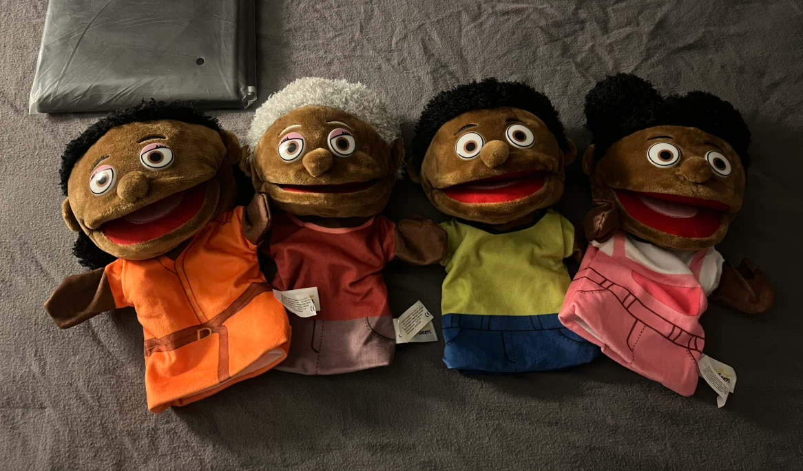Set of 4 Hand Puppets + Large Black Tarp