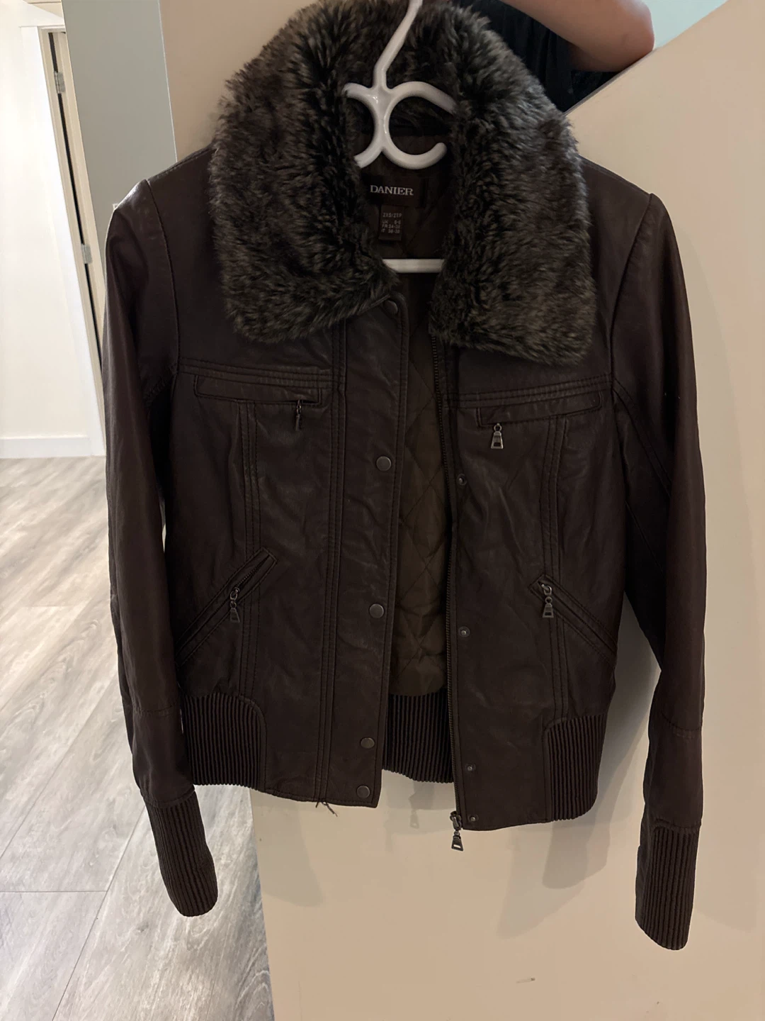 Danier Brown Leather Jacket with Faux Fur Collar