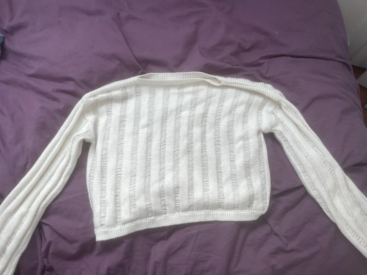 White Vertical Ribbed Knit Sweater