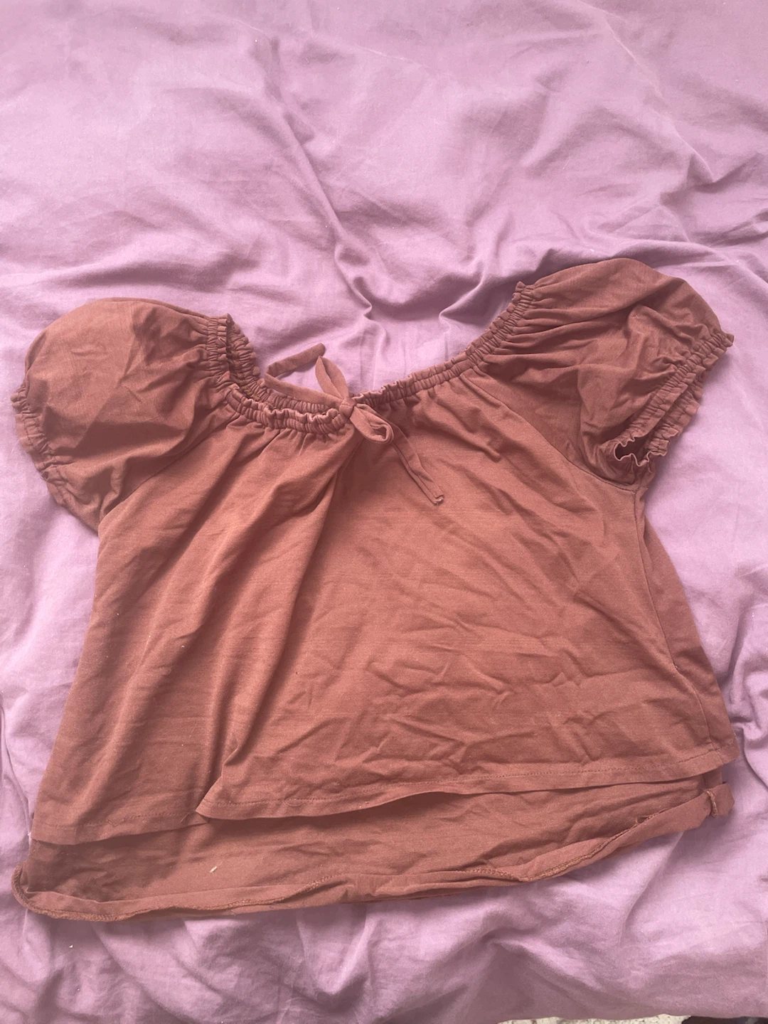 Brown puff sleeve tie-neck top