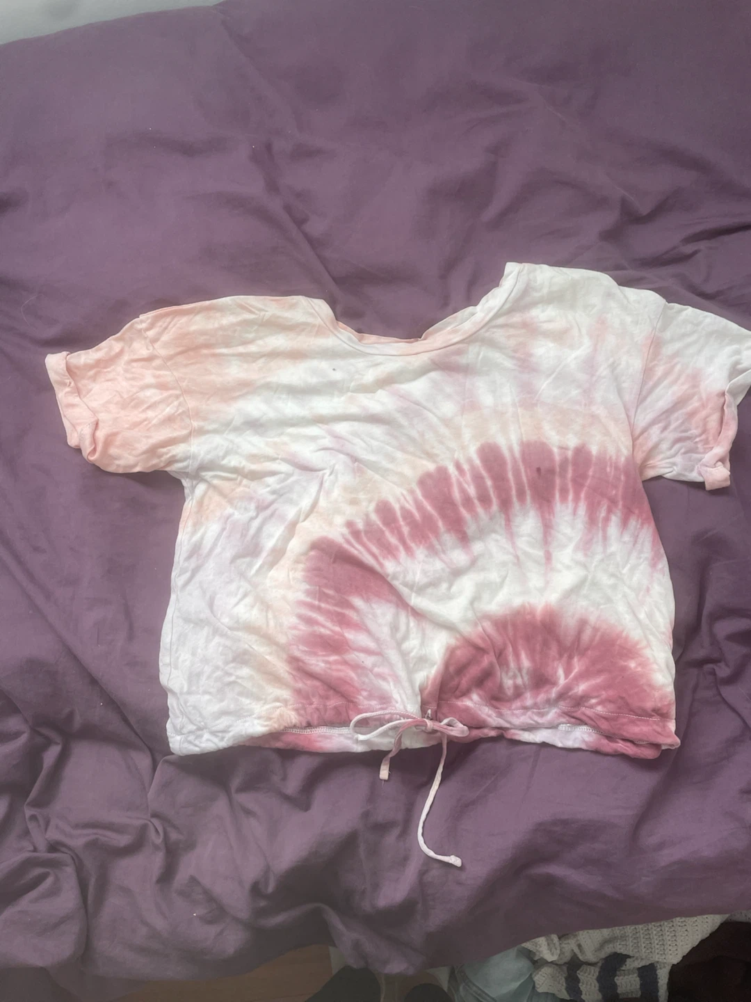 Pink and white tie-dye drawstring top