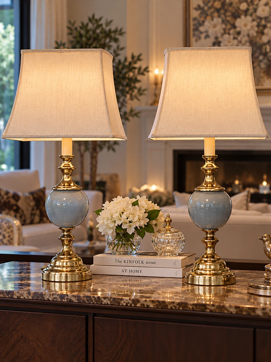 Set of Two Blue Ceramic and Gold Table Lamps