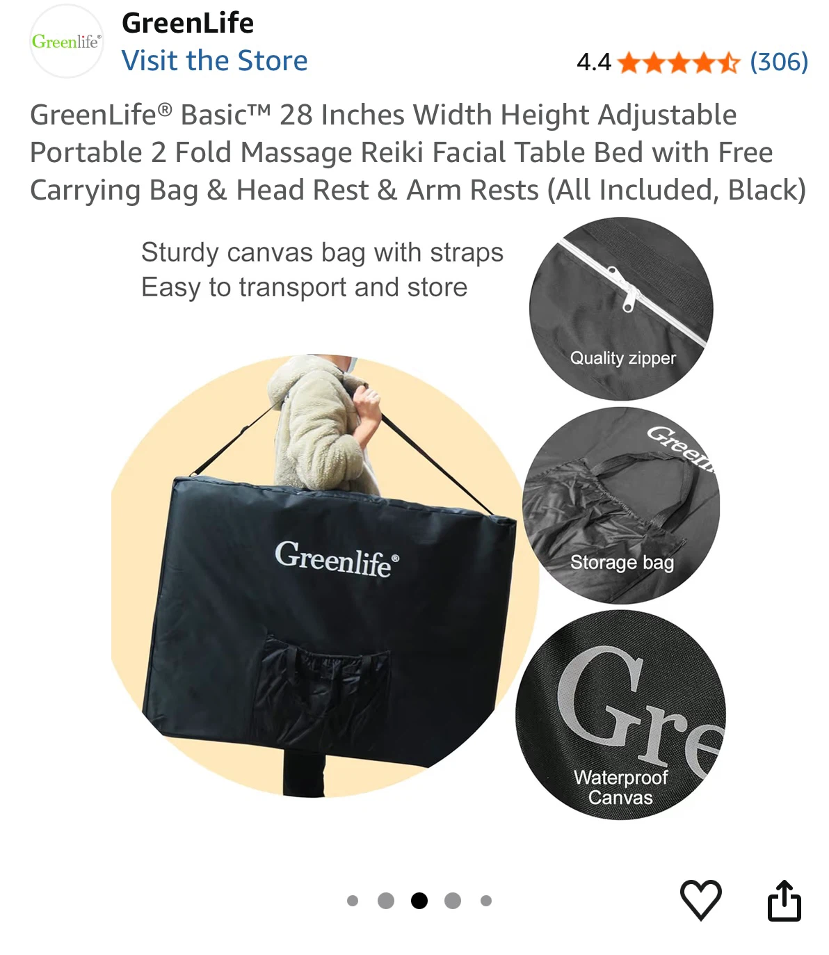 GreenLife Portable 2-Fold Massage Table - Black