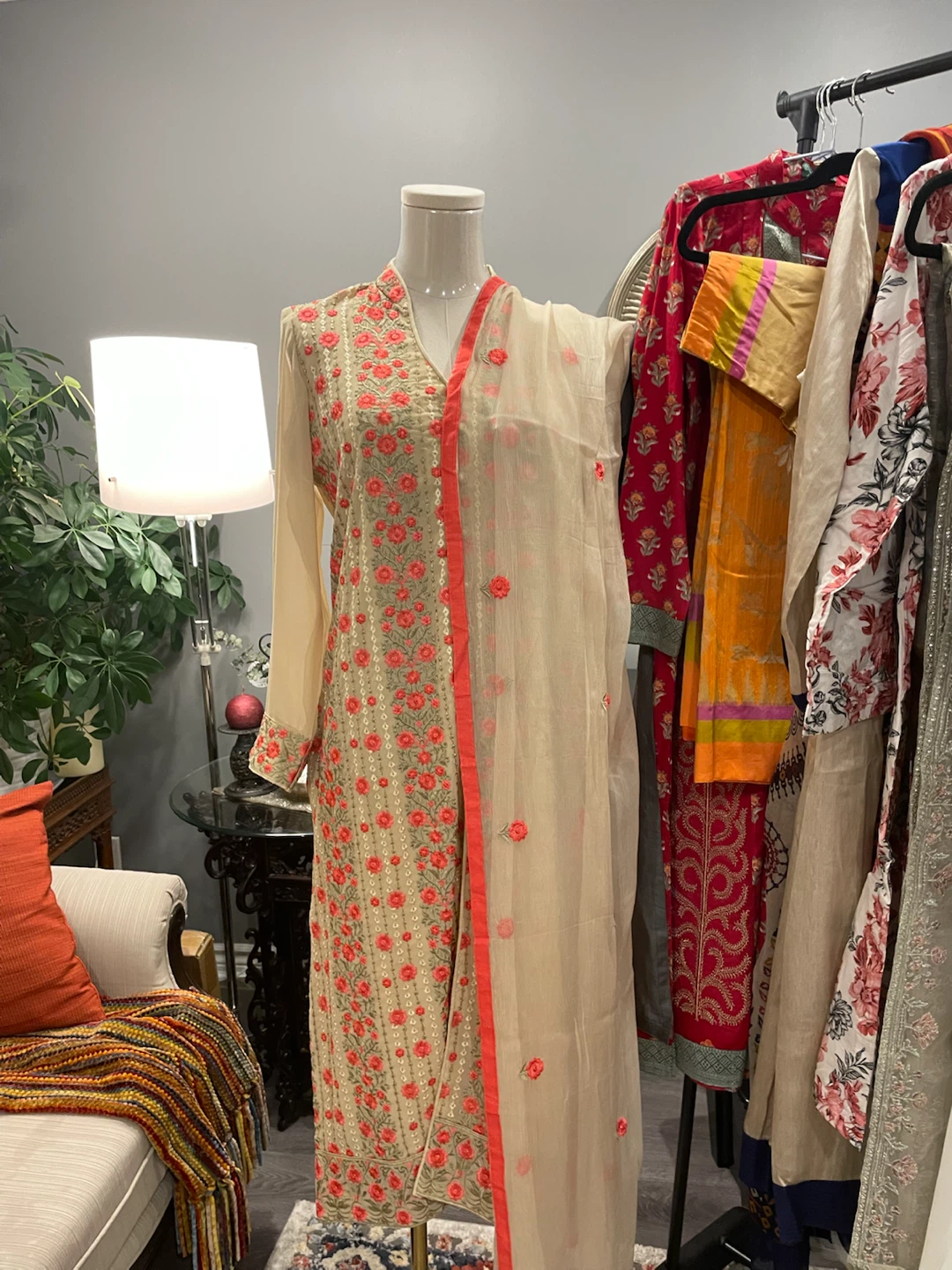 Beige Floral Embroidered Kurta Set