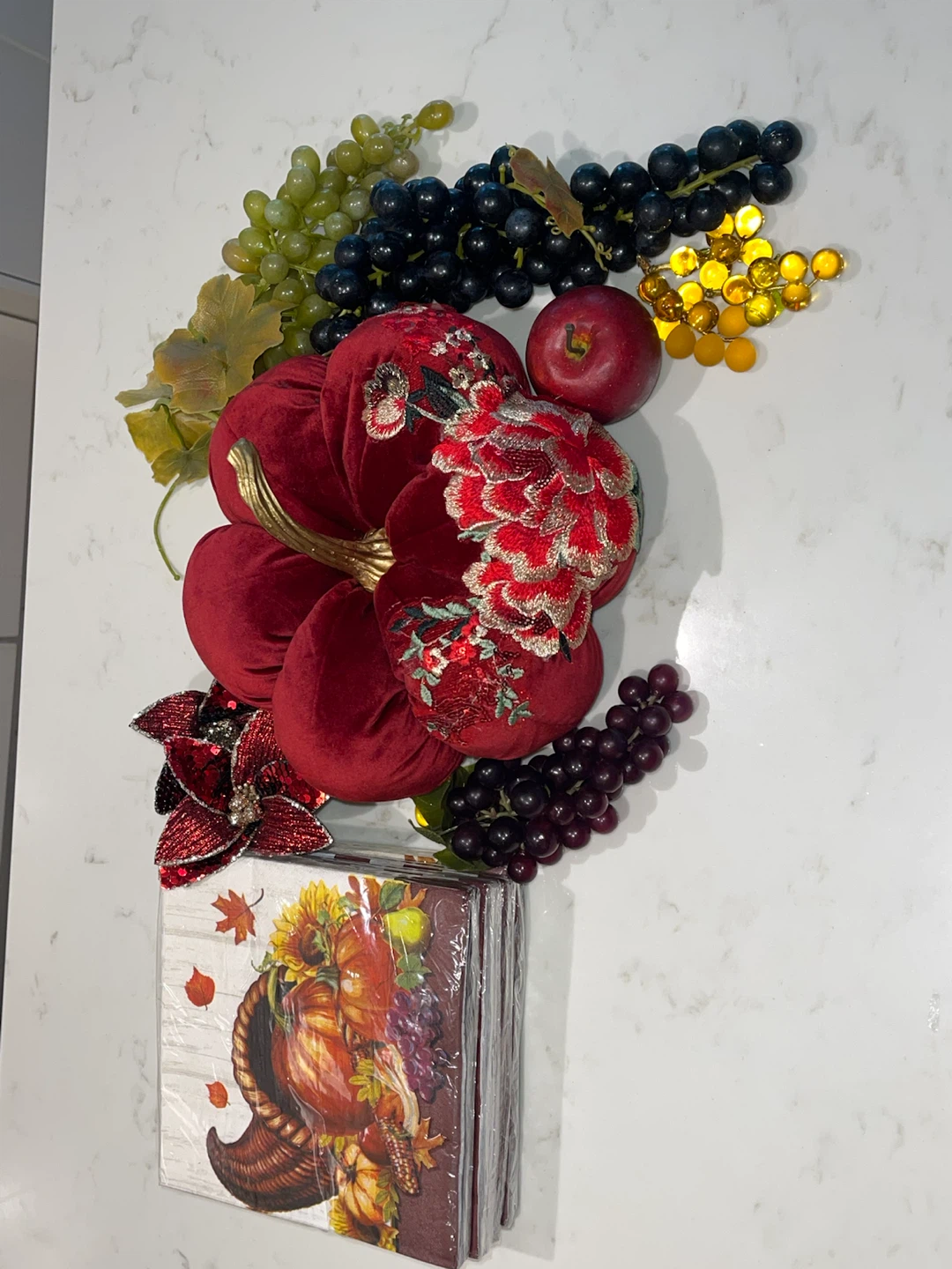 Thanksgiving decor bundle with velvet pumpkin and napkins