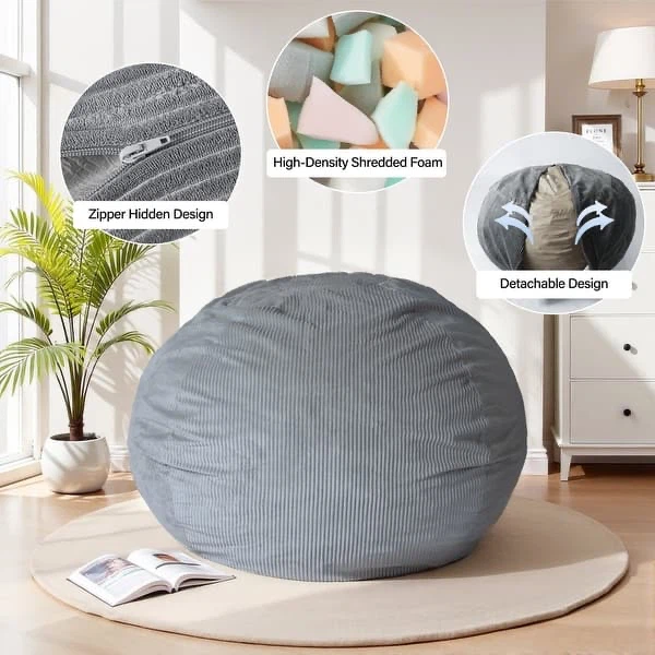 Extra Large Bean Bag Chair for,Round Corduroy Sofa,Grey - photo 3