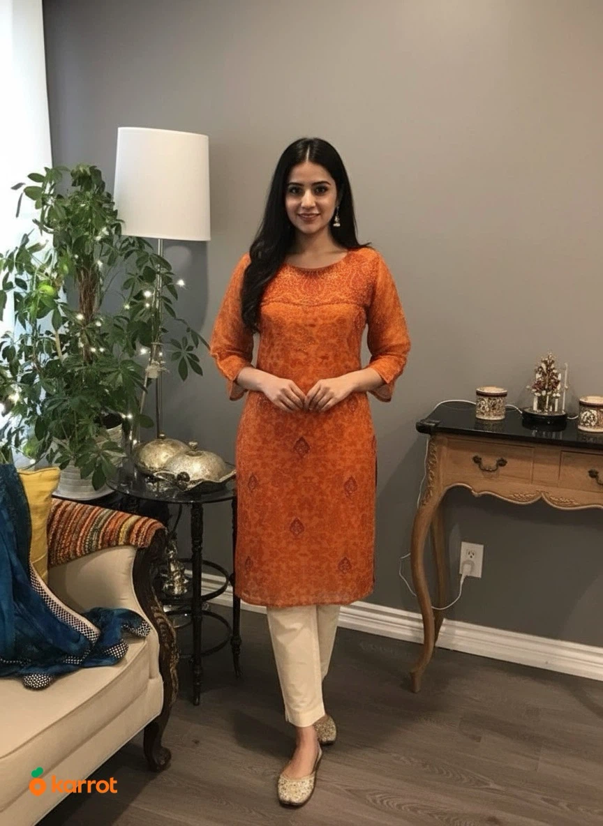 Orange Embroidered Kurti