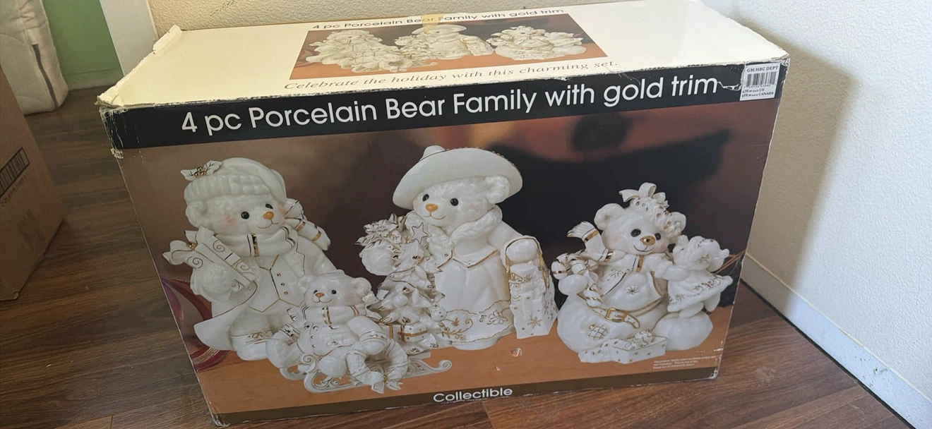 4 pc Porcelain Bear Family with Gold Trim