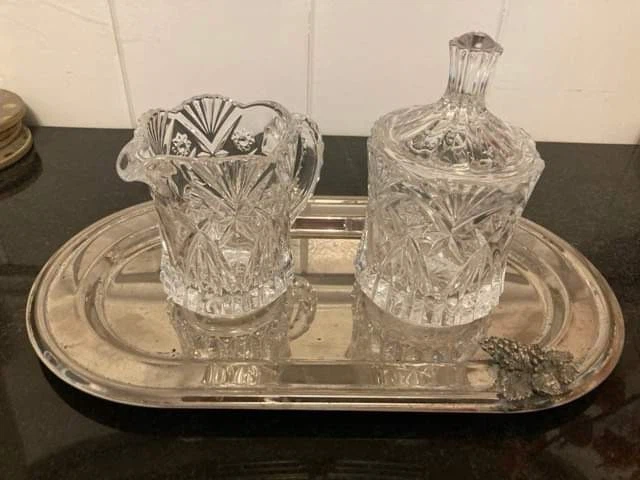 Crystal Cream and Sugar Set on Silver Tray