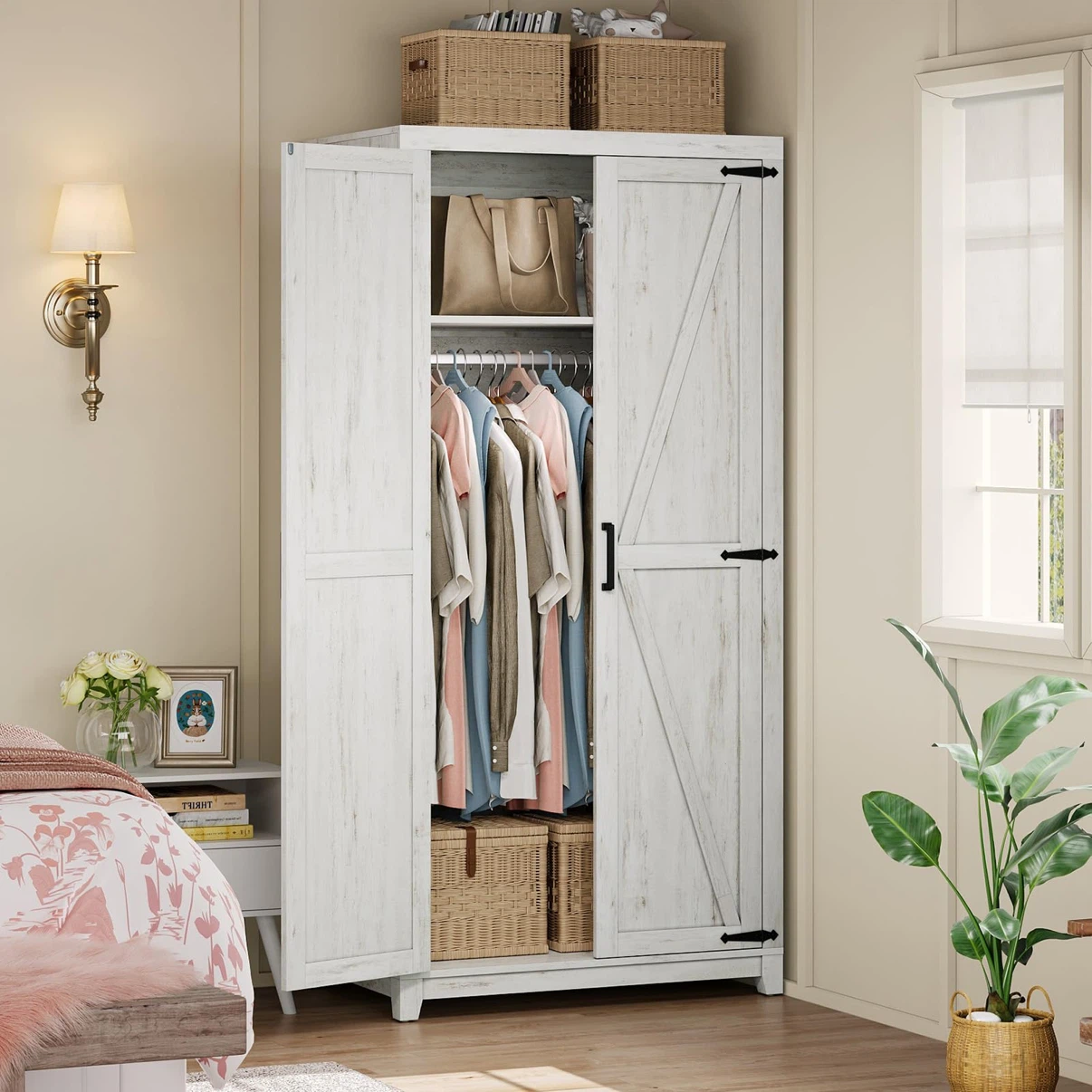 AMERLIFE 71" Farmhouse Wardrobe Closet with Rod & Doors