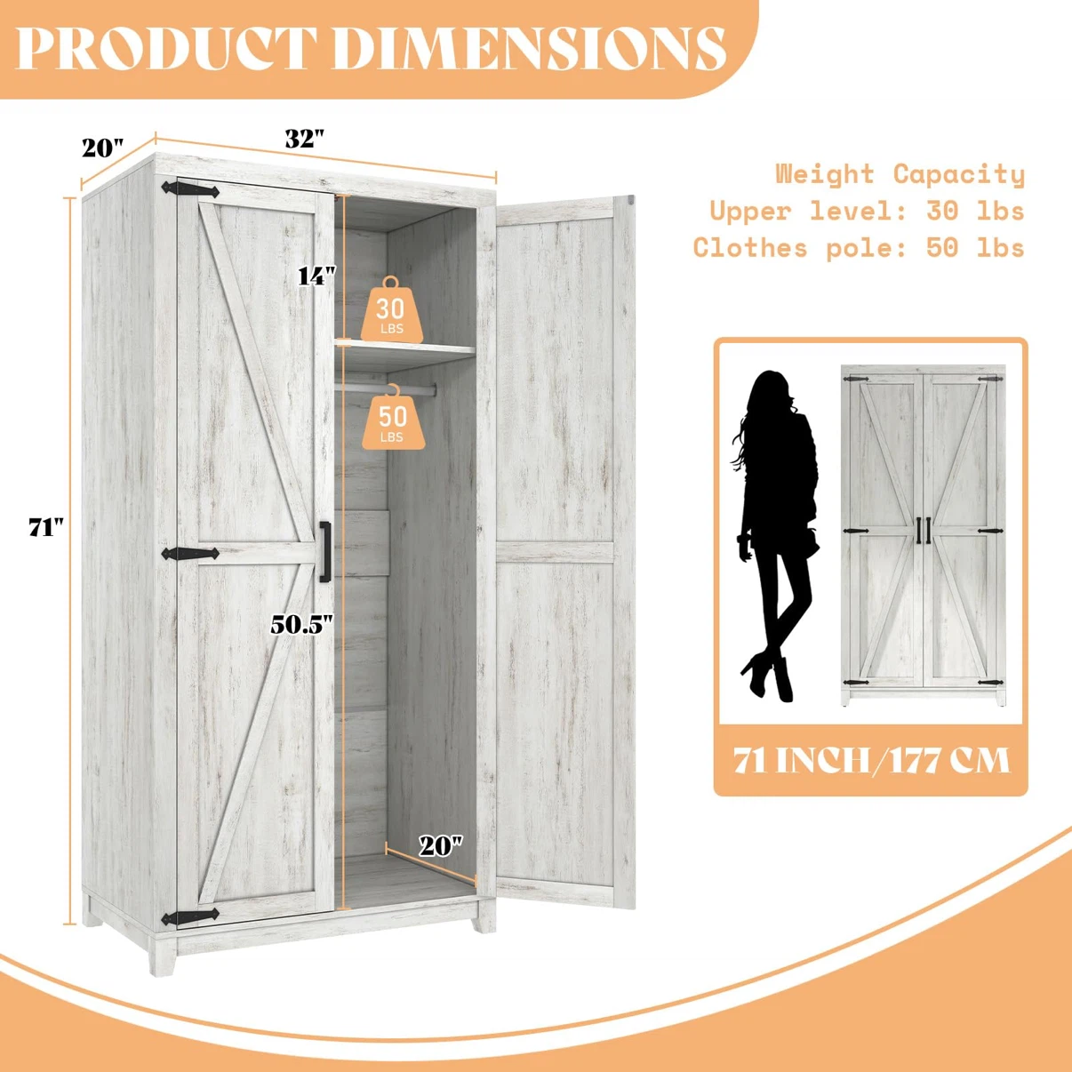 AMERLIFE 71" Farmhouse Wardrobe Closet with Rod & Doors - photo 2