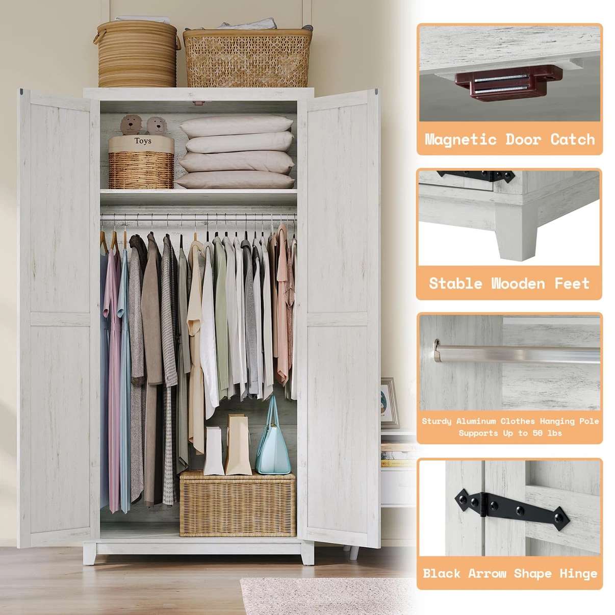 AMERLIFE 71" Farmhouse Wardrobe Closet with Rod & Doors - photo 5