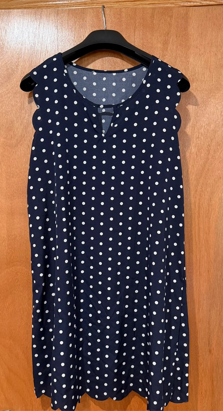 Navy Blue Polka Dot Scalloped Neck Dress