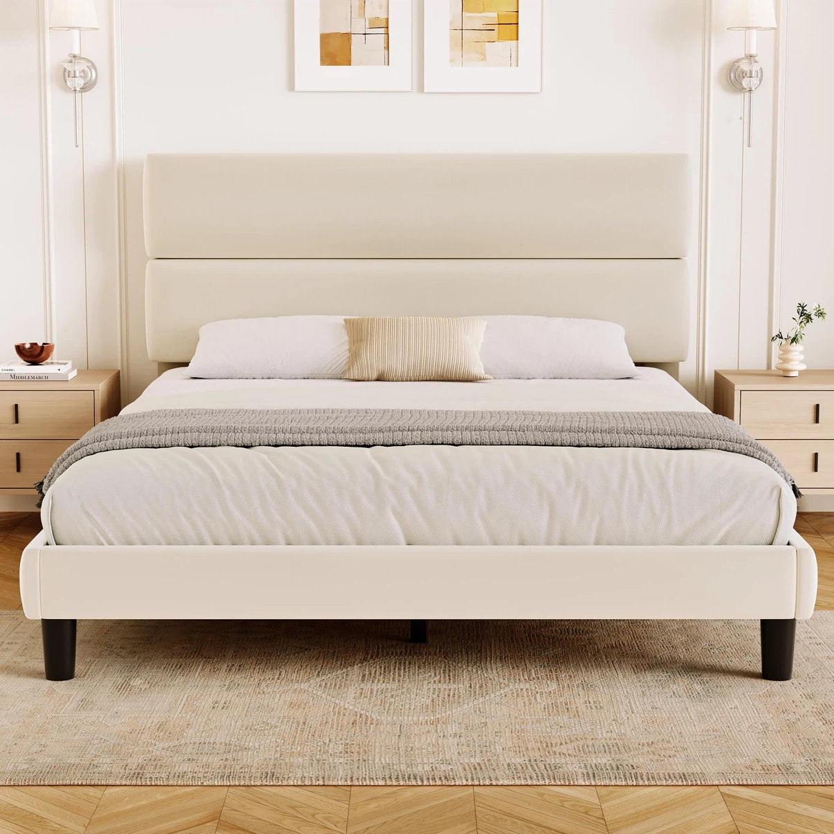 Queen Size Platform Bed Frame with Velvet Headboard