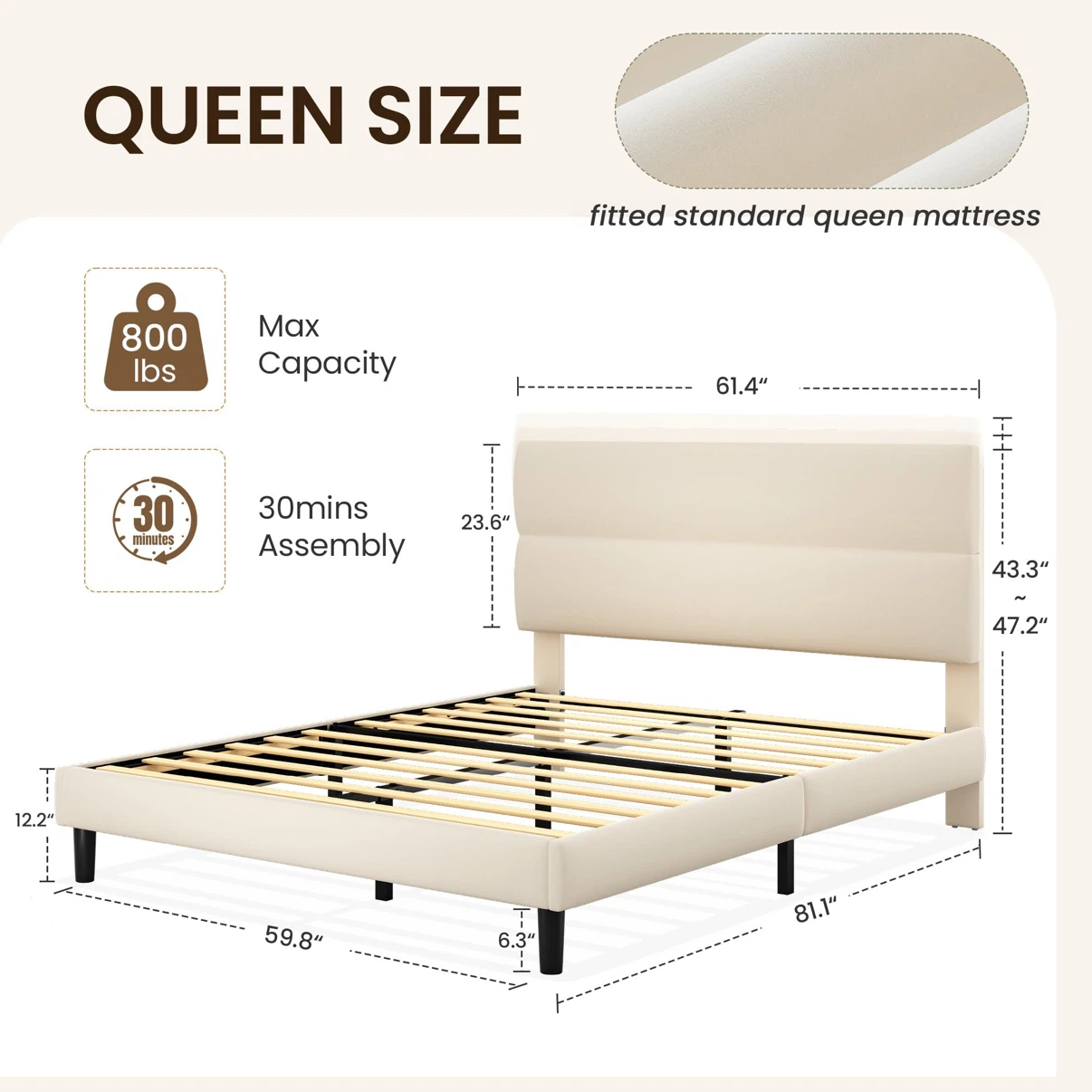 Queen Size Platform Bed Frame with Velvet Headboard - photo 2