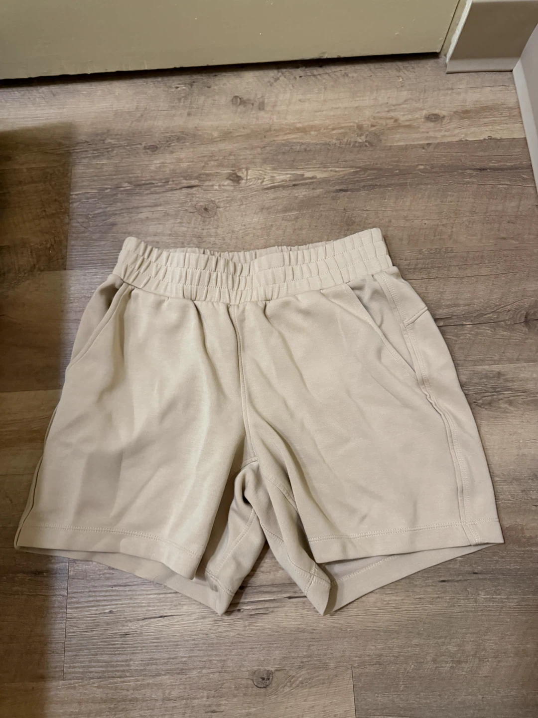 Beige Elastic Waist Shorts