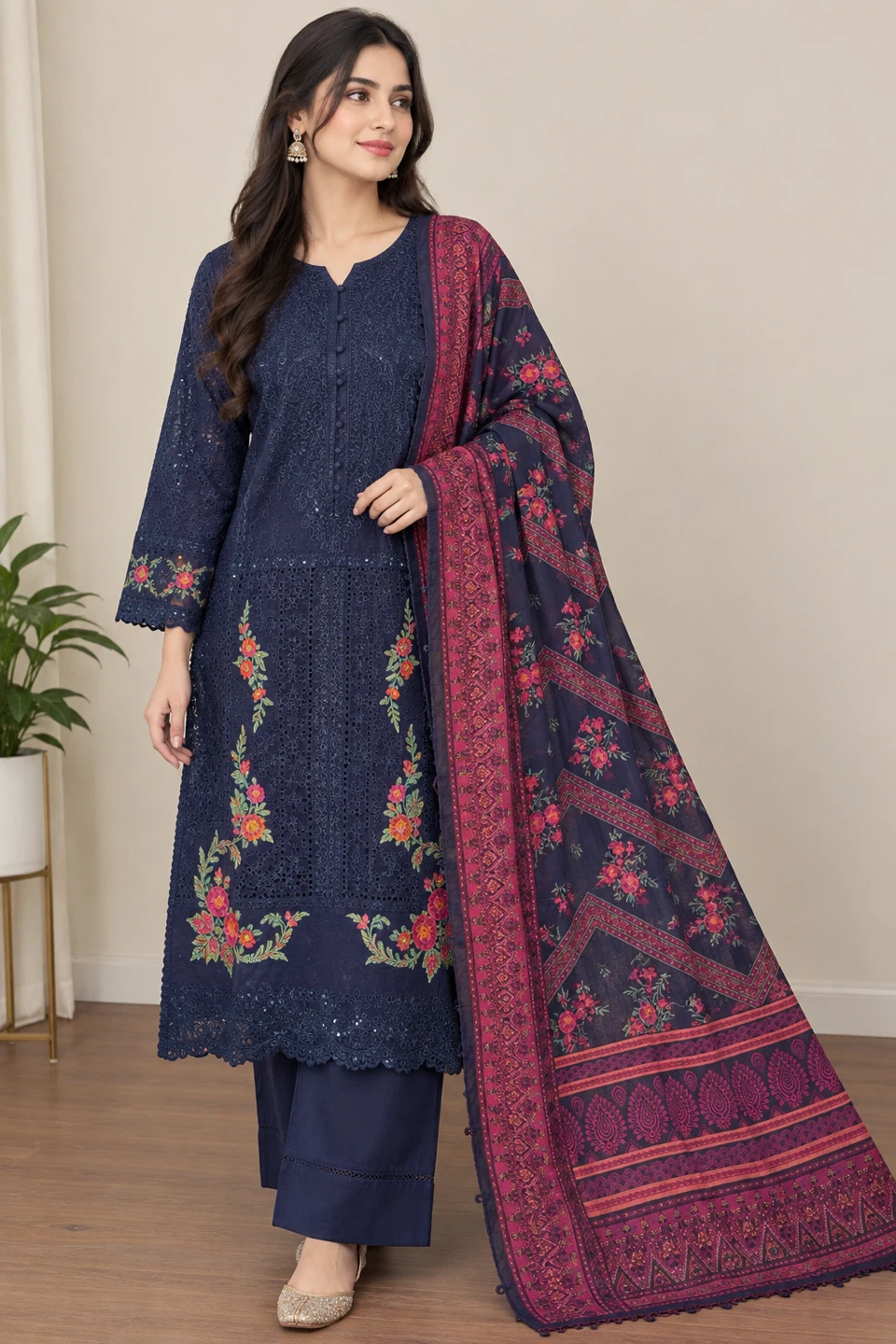 Navy Blue Embroidered Pakistani Suit Set