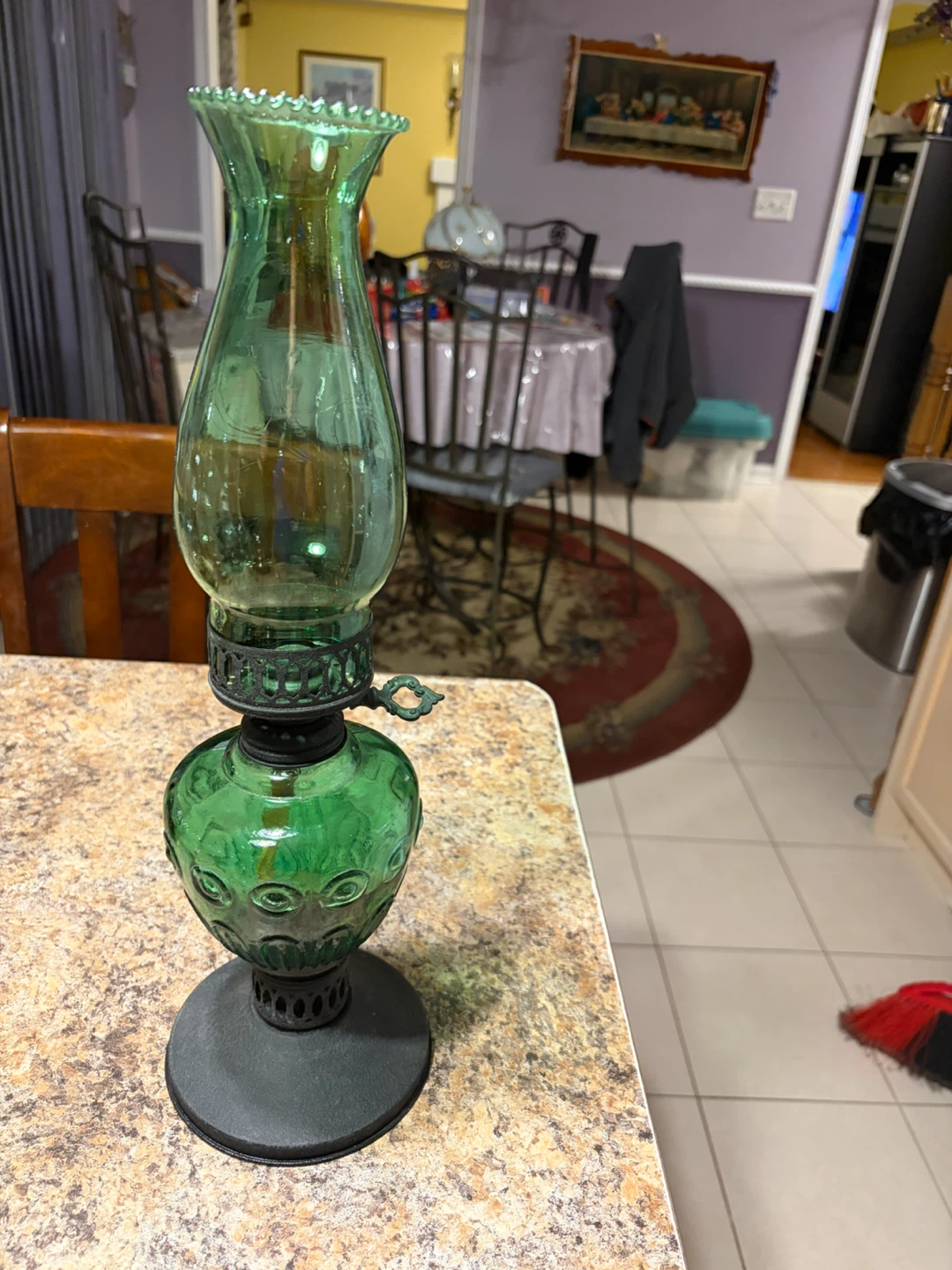 Vintage style green glass oil lamp
