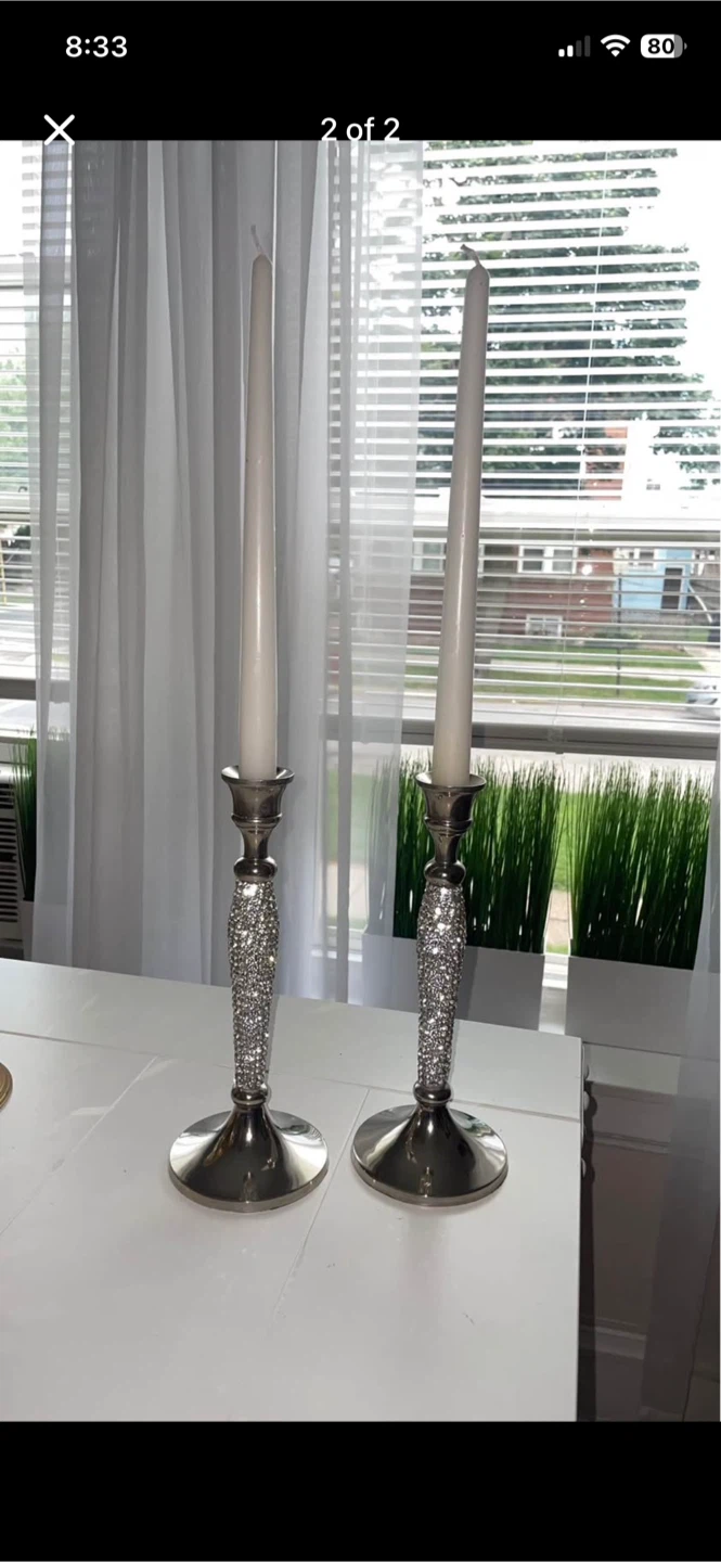 Set of 2 Rhinestone Silver Taper Candle Holders