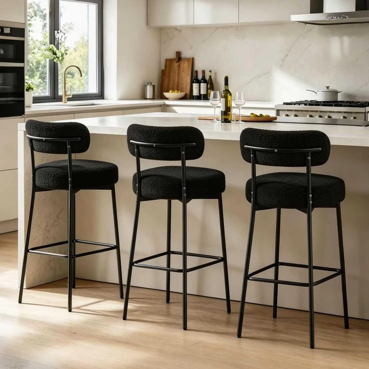 Set of 3 Black Bouclé Bar Stools BRAND NEW