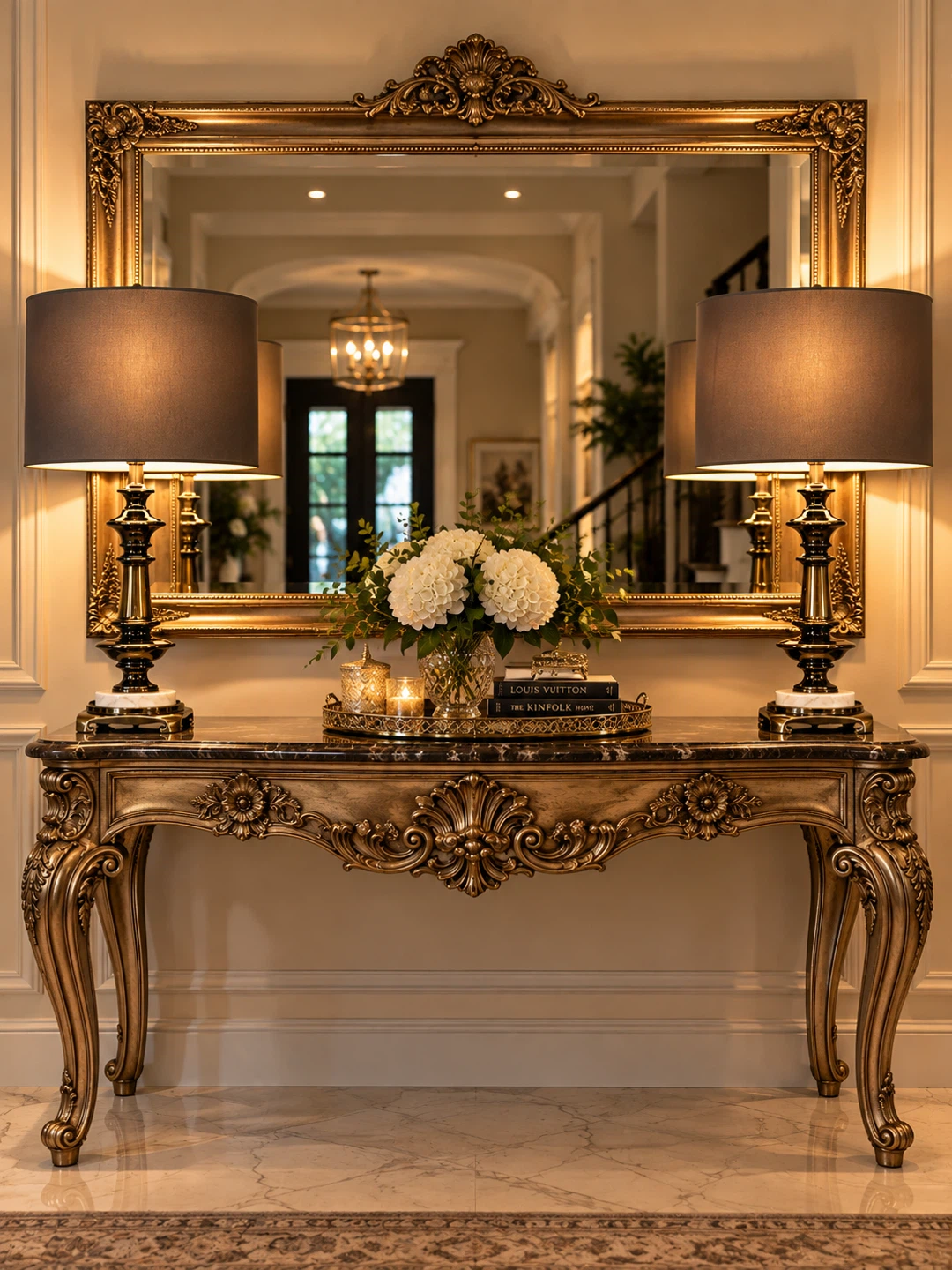 Ornate Gold Console Table with Marble Top