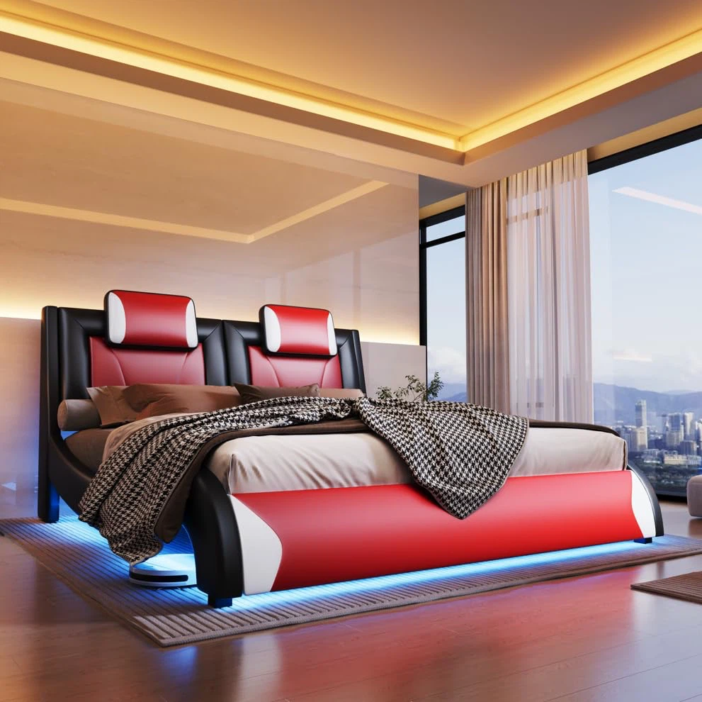 Jocisland LED Queen Size Bed Frame, Modern Faux Leather