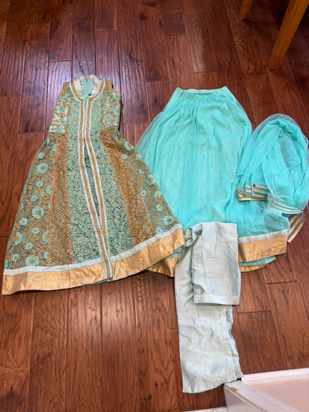 Girls Teal and Gold Ethnic Three-Piece Outfit