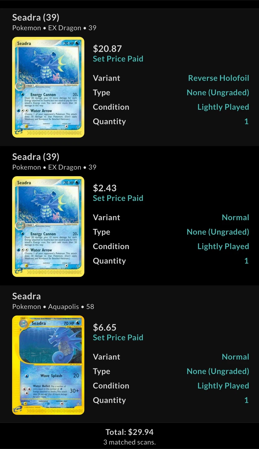 3 Seadra Pokemon Cards